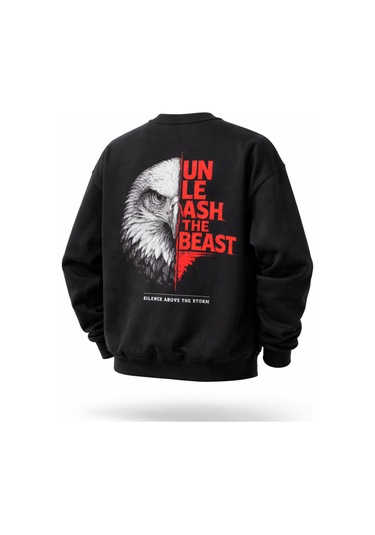 Dark Line Sırt Baskılı %100 Pamuk Unisex Siyah Oversize Sweatshirt Kartal Siyah