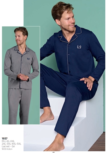 Pijadore 1937 Uzun Kol %100 Pamuk Önden Düğmeli Erkek Pijama Takımı V1 Lacivert