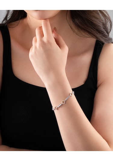 925 Ayar Rodyum Yonca Motifli Suyolu Gümüş Bileklik Gümüş - Rodyum