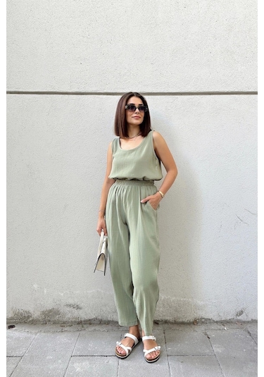 Haki İthal Müslin Kumaş, Basic, Katlı, Salaş Askılı Bluz & Atlet Haki