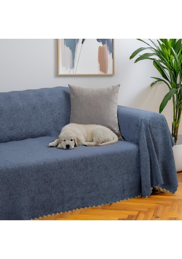 Jakarlı Şönil Koltuk Örtüsü Kanepe Örtüsü Koltuk Şalı 175x350 Kaymaz Gece Mavisi Mavi