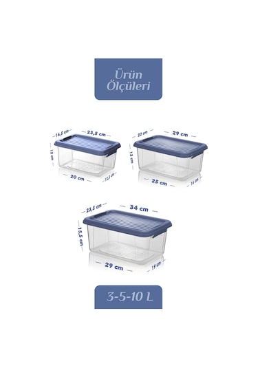 3'lü Kilit Kapak 3-5-10 Lt Erzak Saklama Kabı Çok Amaçlı Düzenleyici Kutu Deterjan Un Bakliyat Kabı Mavi