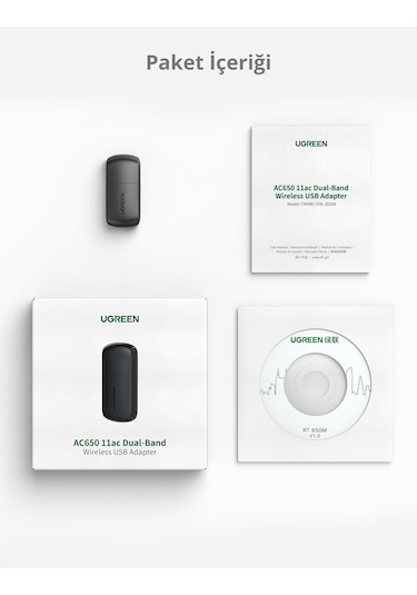 Ugreen 20204 Ac650 2.4 Ve 5Ghz Dual Band Usb Wi-Fi Ağ Adaptörü. S