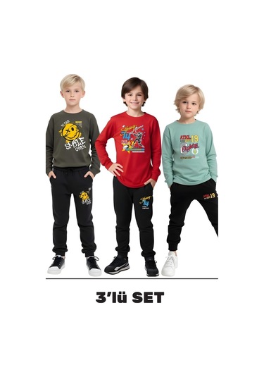 Fyk Kids 3'lü Erkek Çocuk Baskılı Yuvarlak Yaka Alt-üst Pijama Takımı Haki Yeşil