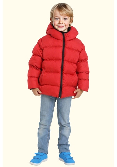 Erkek Çocuk Polarlı Kapüşonlu Su Geçirmez Rüzgara Dayanıklı Şişme Kışlık Mont Kırmızı