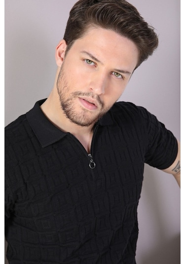 Ferraro Siyah Polo Yaka Fermuarlı Erkek Pamuk Triko T-Shirt-Siyah (417942274) Siyah