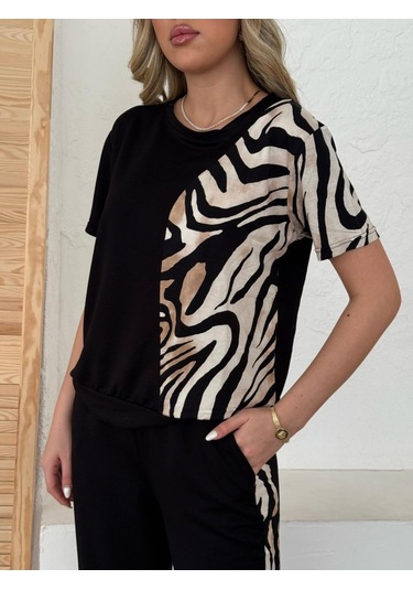 Ahes Shopping Kadın Bisiklet Yaka Kısa Kol Leopar Desen Bluz Ve Pantolon Ikili Takım Siyah