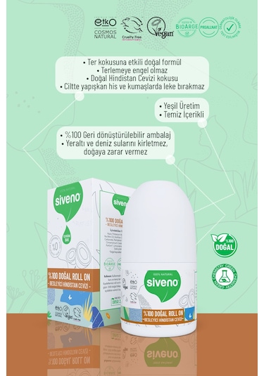Siveno %100 Doğal Roll On Hindistan Cevizli Deodorant Ter Kokusu Önleyici Bitkisel Leke Bırakmayan Vegan 50 ML