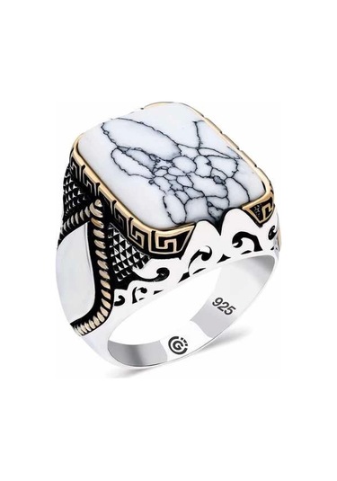 Gümüş Çizgili Beyaz Taşlı Köşeli Erkek Yüzük Çok Renkli