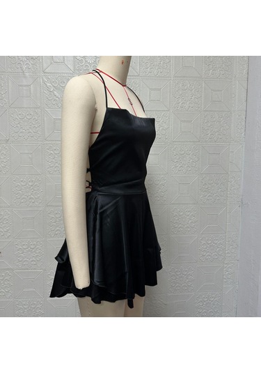 Yaz Kadın Elbise Kısa Seksi İnce İnce Sırtı Açık Düz Renk Askılı Elbiseler Koyu Kahverengi