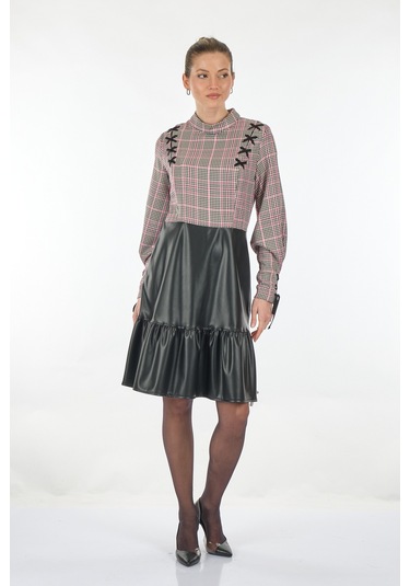 Unique Mode Yarım Balıkçı Kareli Uzun Kollu Siyah Kadın Elbise Uw 001