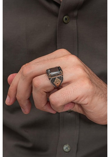 Siyah Zirkon Taşlı Dikdörtgen 925 Erkek Gümüş Yüzük Gümüş