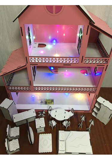 İsimli Ahşap Oyun Evi 60Cm + Kumbara - Pembe Beyaz