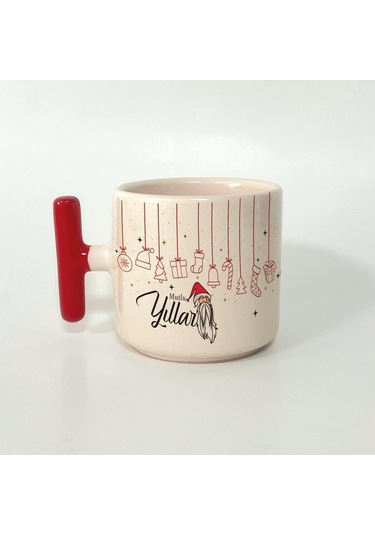 Mutlu Yıllar Asılı Yılbaşı Süsleri Baskılı Kırmızı Kulplu T Yılbaşı Kupası