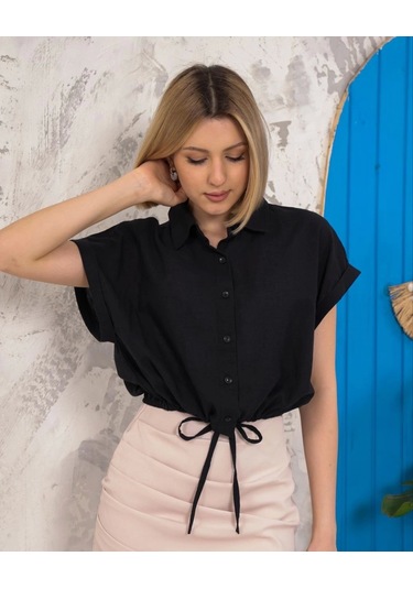 Sıfır Kollu Bağlamalı Crop Gömlek Siyah S255359 Siyah