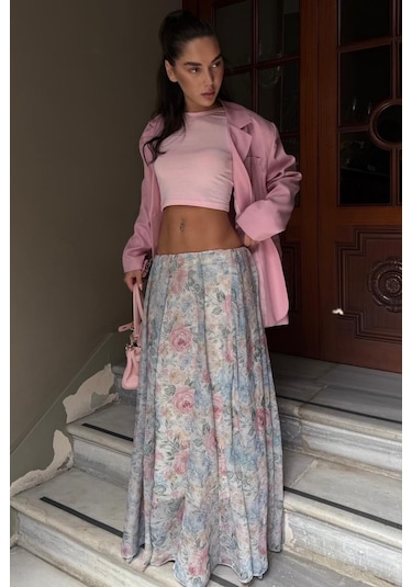Madmext Ekru Çiçek Desenli Vintage Şifon Maxi Etek Mg2776