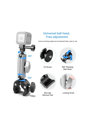 Ranyeek Alüminyum Spor Kamera Tutucu, 360 Döner İki Toplu, 15-50mm Çap Aralığı, 2kg Yük Kapasitesi, Gopro/djı/ınsta360 Uyumlu Gümüş