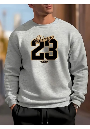 Erkek 23 Desenli Casual Yuvarlak Yaka Şık Sweatshirt Gri