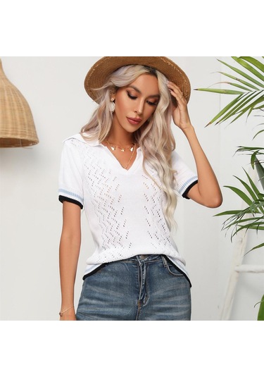 Gmxıa Kadın Modası Günlük Düz Renk Baskı Kısa Kollu V Yaka Bluzlar Ve Gömlekler Örme Kısa Kollu Beyaz