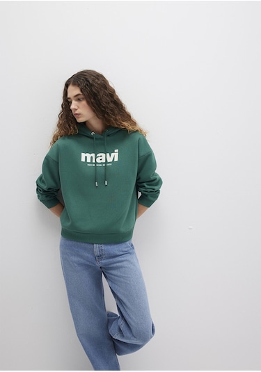 Mavi - Mavi Logo Baskılı Yeşil Kapüşonlu Sweatshirt 168334-71874 Yeşil