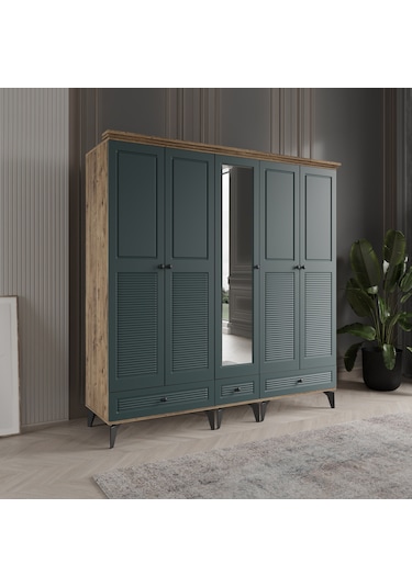 Beenal Nisa 5 Kapaklı Gardırop Dolap 200cm Atlantik Çam - Yeşil