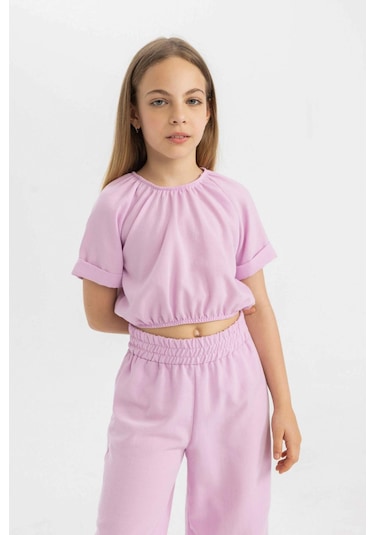 DeFacto Kız Çocuk 2'li Takım Keten Kısa Kollu Bluz Pantolon C5392A824HSPR139 Mor