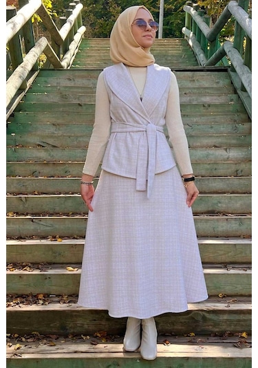 Azize Etek Yelek Takım Ekru Çok Renkli