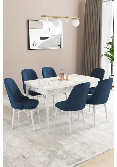 Sar Pakete Almira Serisi, Beyaz Mermer Desen 80x132 Açılabilir Mdf Mutfak Masası Takımı 6 Adet Sandalye Lacivert