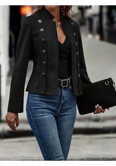 Kadın Uzun Kollu Hakim Yaka Yanlardan Düğmeli Kısa Süet Ceket Siyah