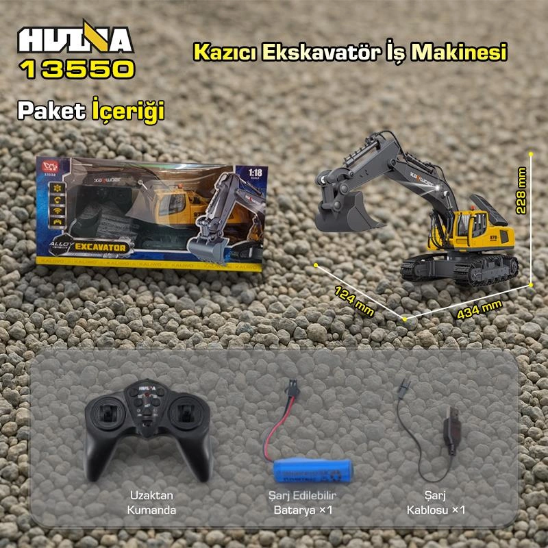 Huına Kaliwo 13550 1/18 11ch Kazıcı Ekskavatör İş Makinesi İnşaat Uzaktan Kumandalı Rc Model Metal Kepçeli Sarı - 2.4ghz Gerçekçi Similasyon Ses Ve Işık Sistemi