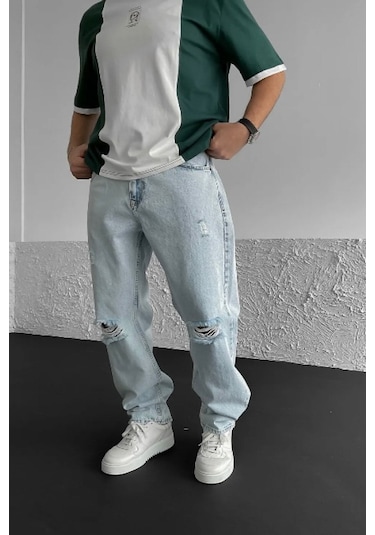Baggy Buz Mavisi Diz Yırtık Modelli Kot Pantolon-Erkek Açık mavi