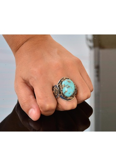 Gerçek Doğal Arizona Turkuaz Taşlı Aslan Yüzüğü - Gümüş Erkek Yüzüğü Gümüş