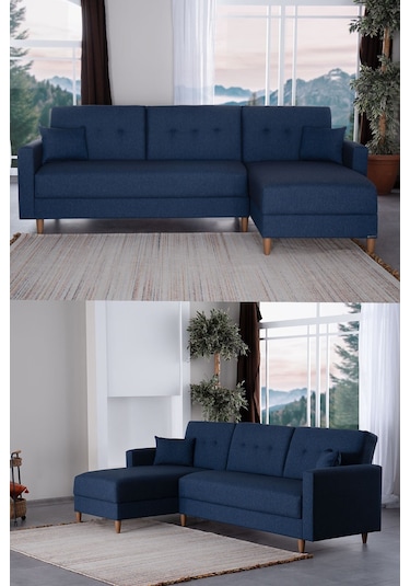 Kilim Mobilya Scandi Köşe Uzanmalı Yataklı Köşe Takımı Hem Sağ Hem Sol Köşe Olarak Kullanılabilir Lacivert