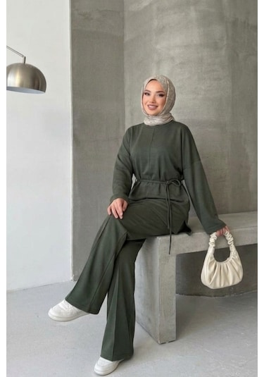Thiff Tesettür Önü Bağlamalı Oversize Çimalı Modal Takım Yeşil