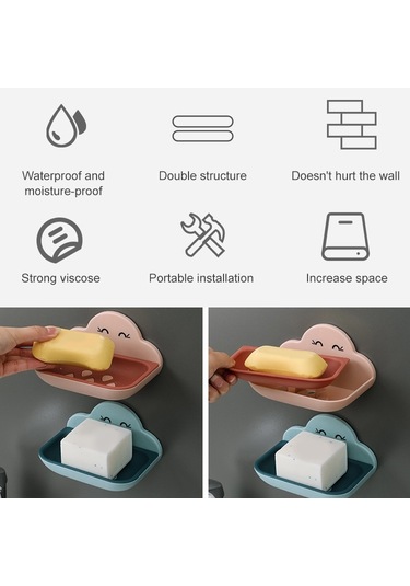 Bulut Sabun Kutusu Tuvalet Yaratıcı Duvara Monte Banyo Tuvalet  Punch Çift Katmanlı Drenaj Rafı Açık Mavi