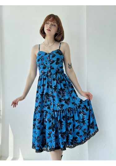 Retrobird Country Girl Ruffle Dantel Detaylı Tasarım Elbise Kadın Koyu Mavi-13311-koyu Mavi