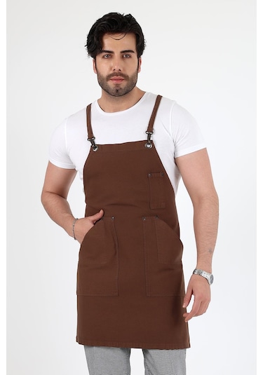 Barista Askılı Önlük Kanguru Cepli - Kahve-12779 Kahve