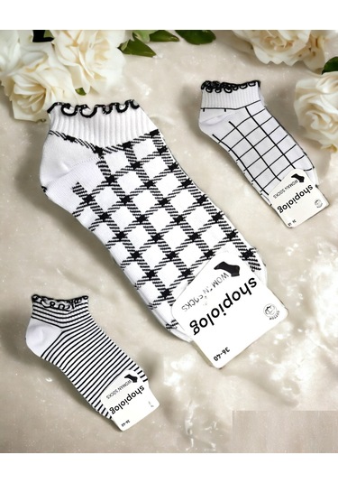Shopiolog Sevimli Marul Desenli Bilek Çorabı 3'lü Paket Siyah - Beyaz