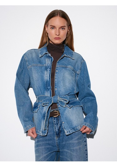 Dilvin 65379 %100 Pamuk Kemerli Kot Ceket-mavi Mavi