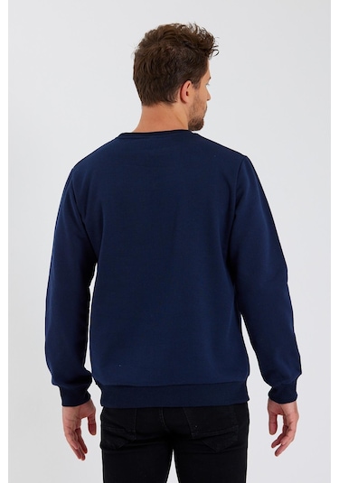 MMetalic Bisiklet Yaka Etiket Detayı İçi Pamuklu Erkek Sweatshirt Lacivert