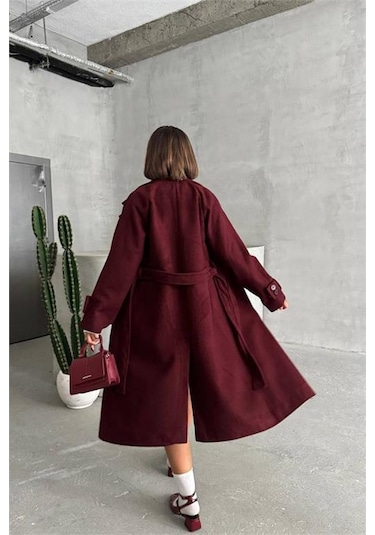 Kadın Astarlı Bordo İthal Kaşe Kaban Dpnbg048 Bordo