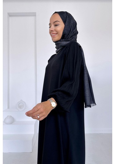Balon Kol Merserize Elbise - Siyah