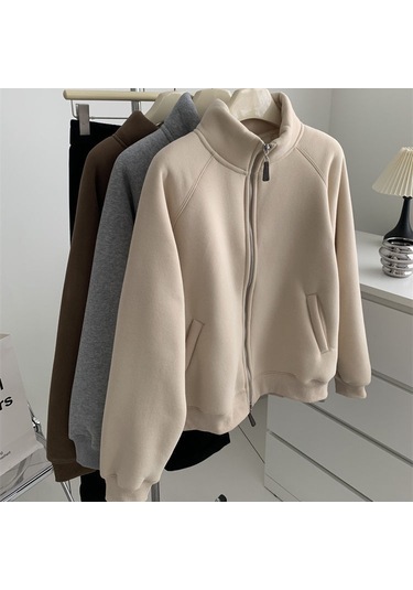 Snapbuy İçi Polarlı, Fermuarlı, Dik Yaka Kadın Sweatshirt Ceket Krem