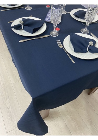 Keten Görünümlü Begonvil Masa Örtüsü Lacivert 25 Parça Set