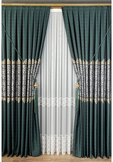 Takım Fon Perde Zümrüt Yeşili-gümüş 2 Kanat Fon+aksesuar Yeşil