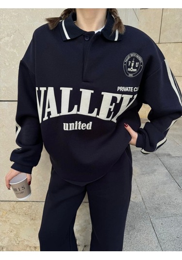 Reka Moda Üç İplik Yakalı Sweat Baggy Pantalonlu Takım - Siyah Siyah