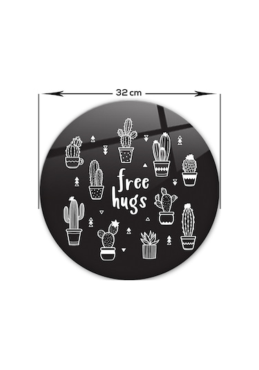 Decorita Cam Kesme Tahtası | Free Hugs - Siyah Fon | Çap32