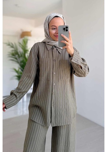 Bol Paça Çizgili Takım - Haki Haki