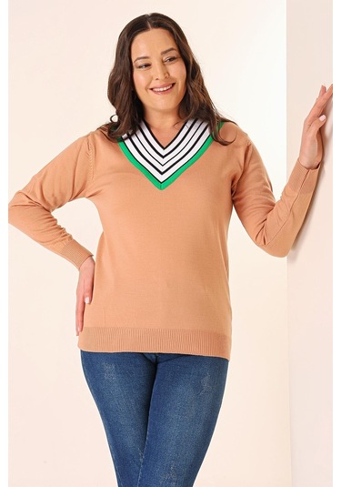 Şeritli V Yaka Büyük Beden Triko Kazak-35355-soğan Kabuğu Açık Turuncu