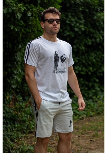 Erkek Gri Beyaz Alt Üst Takım Pamuklu Rahat Yumuşak Dokulu Şort Takım 23eest0171 001